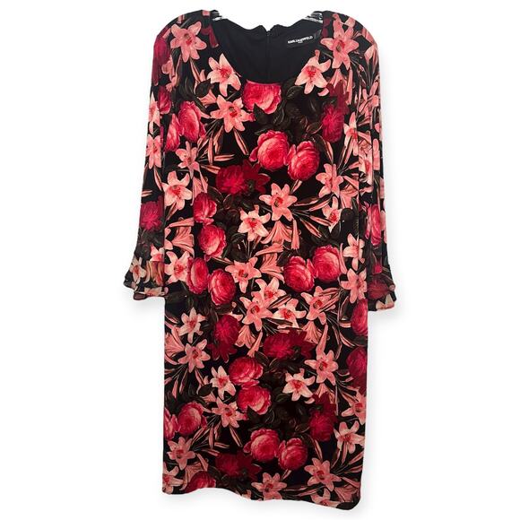 Karl Lagerfeld Paris Red Pink Floral Sheath Dress Long Sleeve Ruffle Cuff Sz 14 - Picture 1 of 13